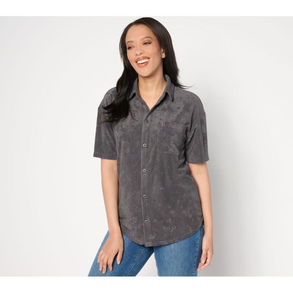 SUNNYLiFE Women's Top Sz S Malibu Collection CozyTerry Button Down Gray A635813